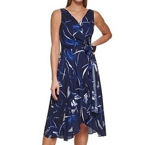 DKNY Navy Blue Printed Wrap-Front Sleeveless V-Neck Dress Size 10